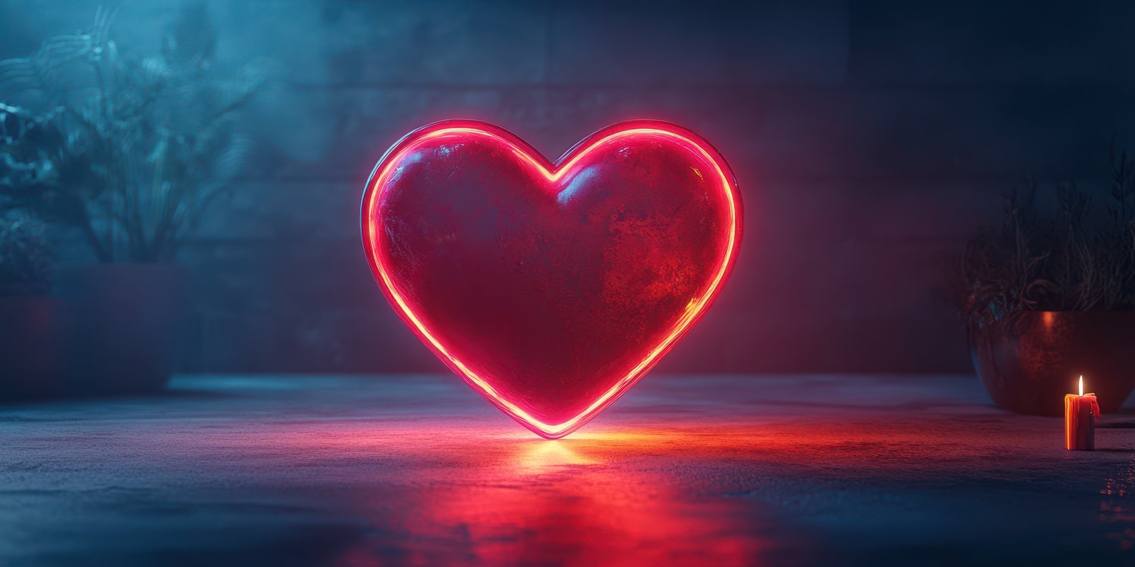 Glowing heart sculpture illuminated in a darkened room with soft candlelight ambiance